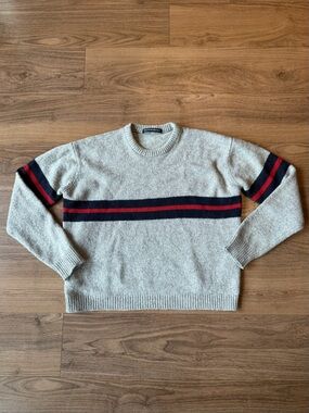 Brandy Melville Light Gray Crewneck Sweater with Navy & Red Stripes